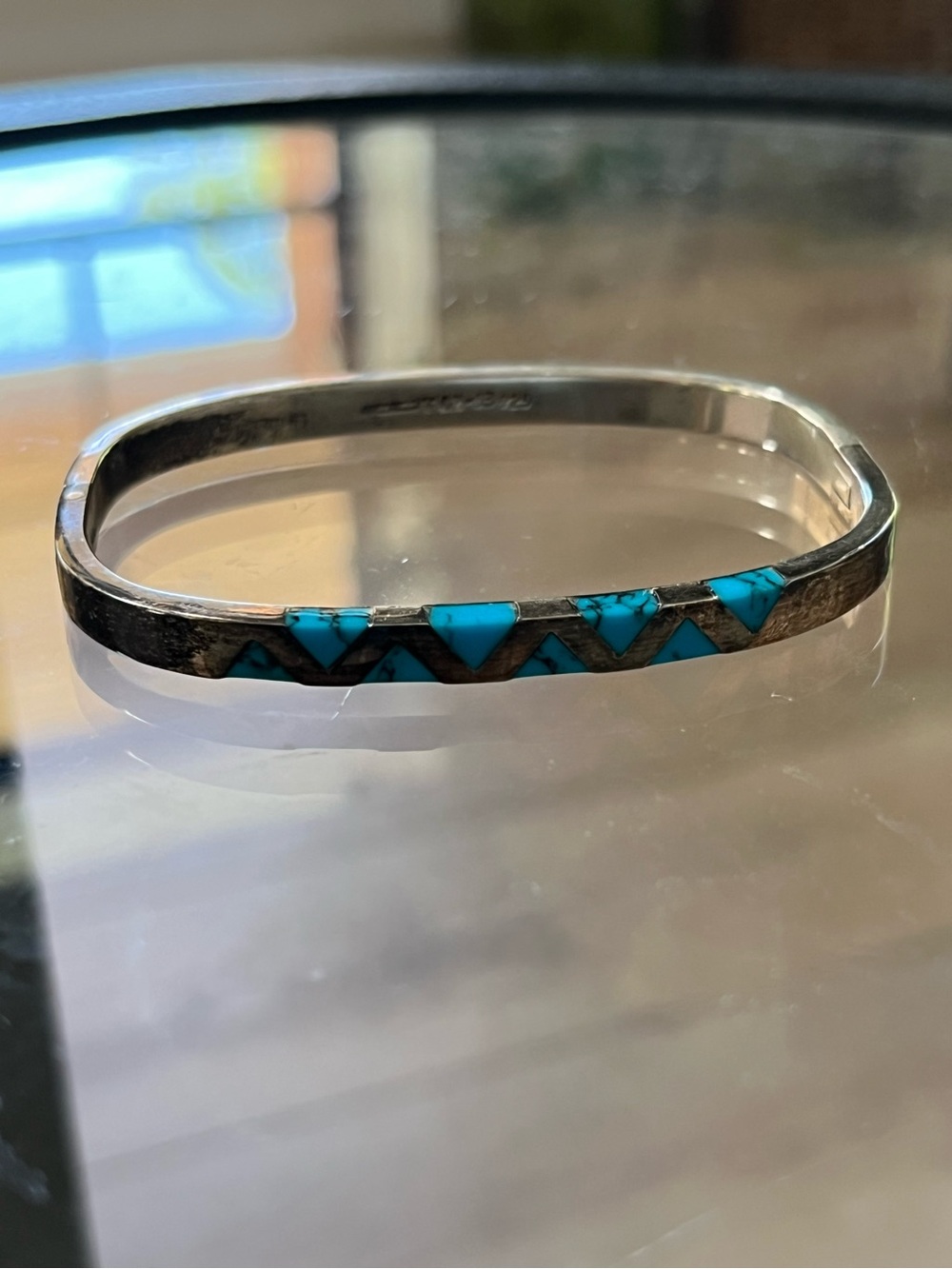Turquoise Inlay Sterling Silver Hinged Bangle Bracelet